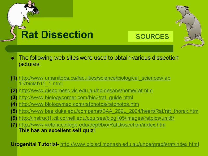 Rat Dissection The following web sites were used to obtain various dissection pictures. 